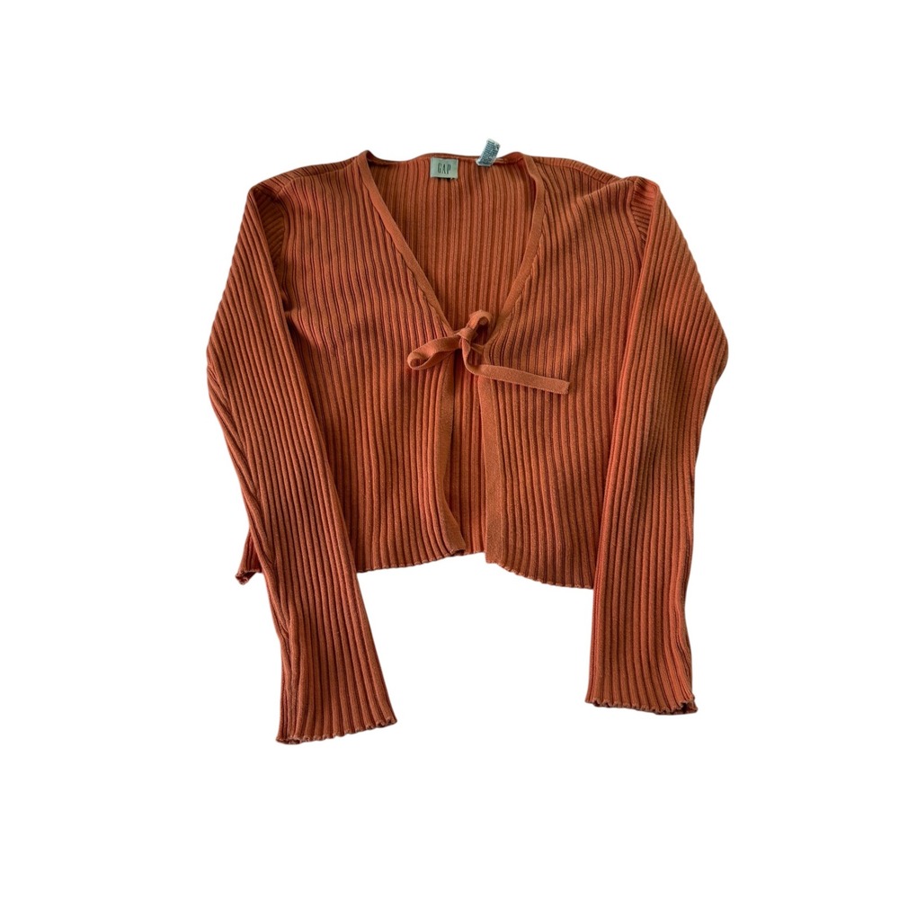 Gap Women Orange Ribbed Tie Front Cropped Cardigan Sweater Long Sleeve Cotton M